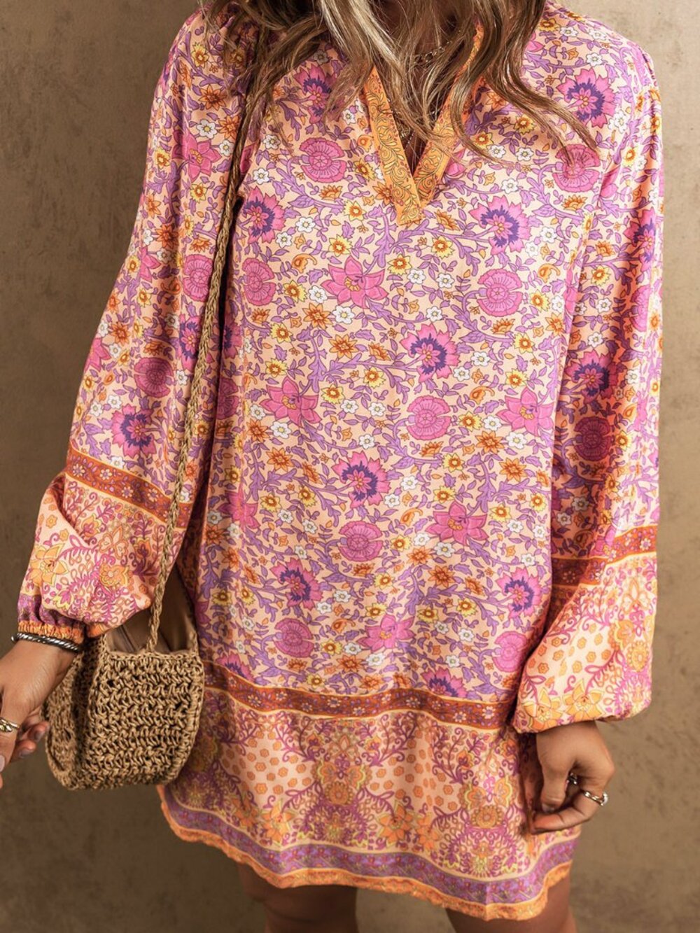 NWOT Multi-Color Floral V Neck Puff Sleeve Mini Dress